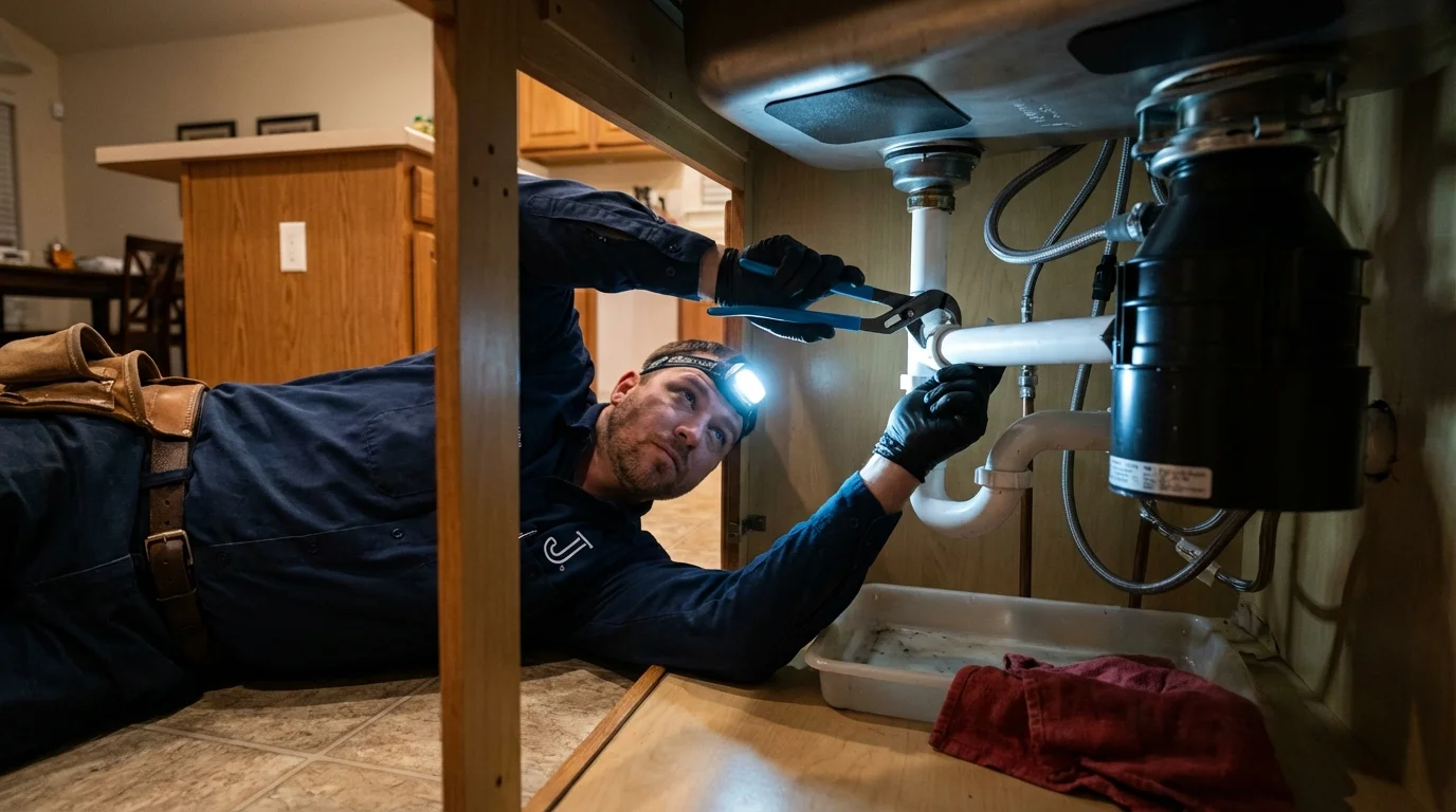 P-trap and supply line connections under a kitchen sink showing a common leak point in Terry, MT